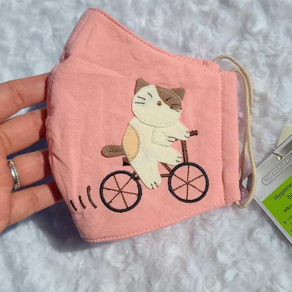 1 Adult Light pink cat w bike Embroidered Mask - Picture 3 of 9